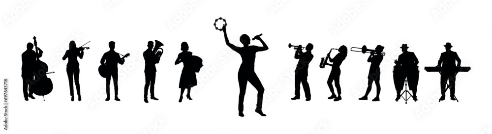 Woman singing accompanied by music played by a group of musicians vector silhouettes. Female singer performing song with street musicians playing various musical instruments silhouette set. - obrazy, fototapety, plakaty 