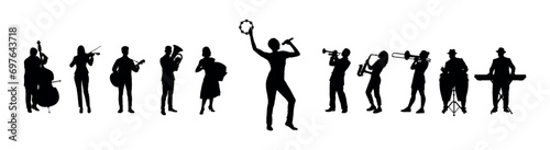 Woman singing accompanied by music played by a group of musicians vector silhouettes. Female singer performing song with street musicians playing various musical instruments silhouette set.