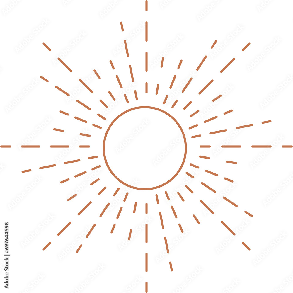 Boho sun logo. Outline bohemian moon with rays. Minimal magic abstract ...