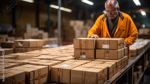 Close-up of a man packing parcels in a warehouse, preparing them for shipment. E-commerce, gifts for the holidays.