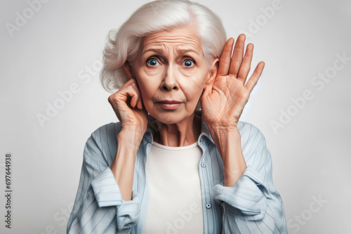 senior woman with a funny face expression hard of hearing on solid color background. ai generative photo