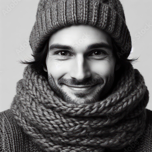 smiling man in a knitted scarf and hat on solid color background. ai generative