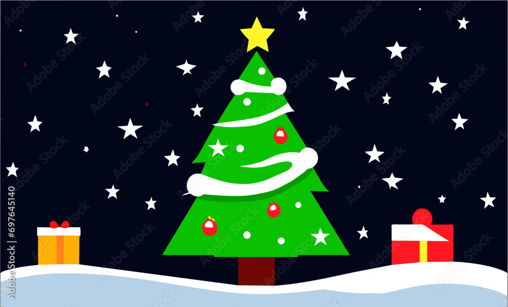 Illustration of a green Christmas tree with white stars on a dark background