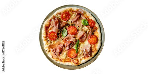 Neapolitan Pizza placed in a plate on a white background