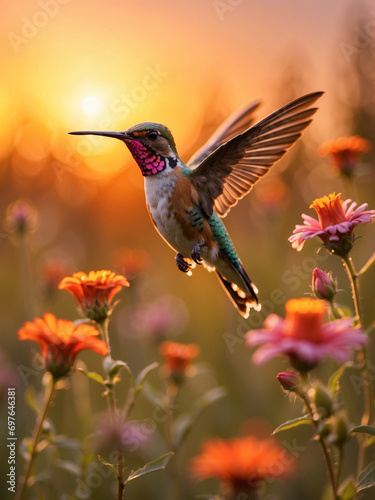 Against the backdrop of a fiery sunset, a hummingbird hovers over a field of wildflowers