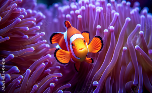 Underwater close-up of a colorful clownfish nestled among the tentacles of a sea anemone. 