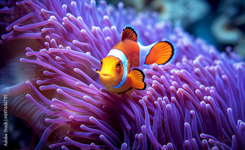 Canvas Print Underwater close-up of a colorful clownfish nestled among the tentacles of a sea anemone