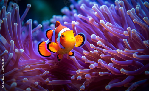 Underwater close-up of a colorful clownfish nestled among the tentacles of a sea anemone.  © Curioso.Photography