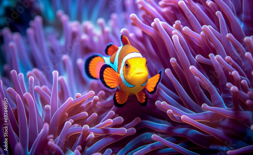 Underwater close-up of a colorful clownfish nestled among the tentacles of a sea anemone. 
