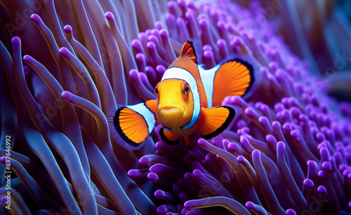 Underwater close-up of a colorful clownfish nestled among the tentacles of a sea anemone. 
