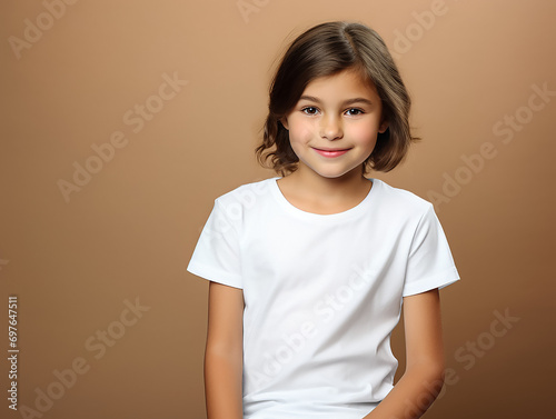 Mockup of a little girl wearing a white t-shirt and a white cap