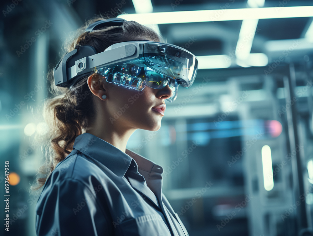 Concept illustration of a smart factory, with a technician wearing AR glasses conducting maintenance, 5G, future technology Concept illustration of a smart factory, with a technician wearing AR glasses conducting maintenance, 5G, future technology