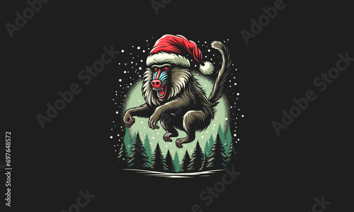 baboon jump on forest wearing santa hat vector mascot design