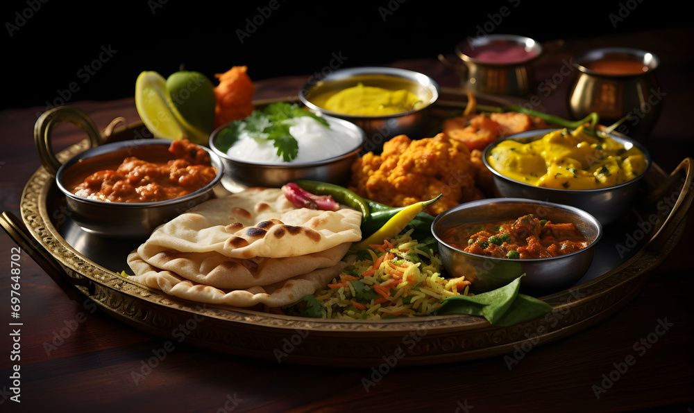 Delicious Indian cuisine featuring flatbreads, a variety of curries, and rice