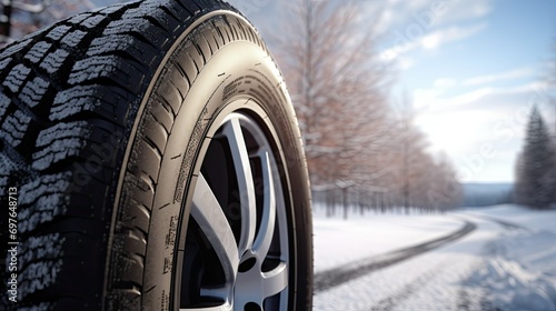 Close-up shot of a car wheel with a winter tire on a snowy road. © photolas