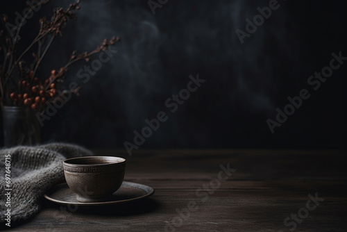 Cup of warm tea standing on a wooden table, dark rustic atmosphere