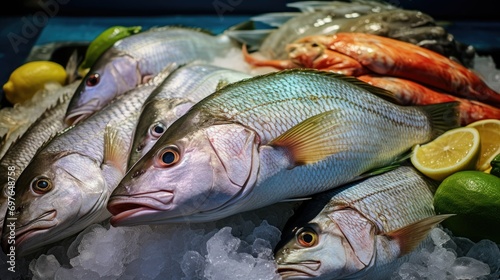 A counter with large fresh fish and exotic seafood on ice in a store, market or bazaar. photo