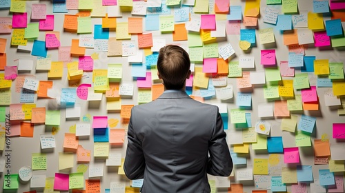 A young man in a business suit stands with his back to a wall hung with colorful stickers with uncompleted tasks.