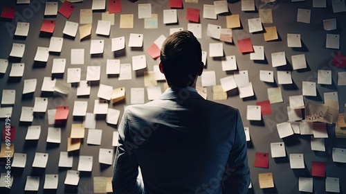 A young man in a business suit stands with his back to a wall hung with colorful stickers with uncompleted tasks.
