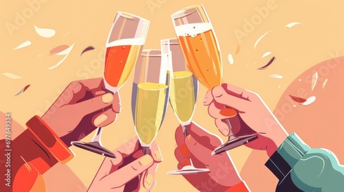 An illustration character of a Hand holding glass of champagne, cheering, celebrating. photo