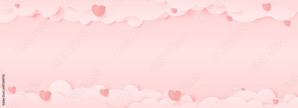 Vector illustration of paper hearts and clouds, pink Valentine's Day background.