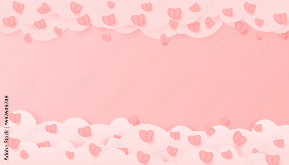 Vector illustration of paper hearts and clouds, pink Valentine's Day background.