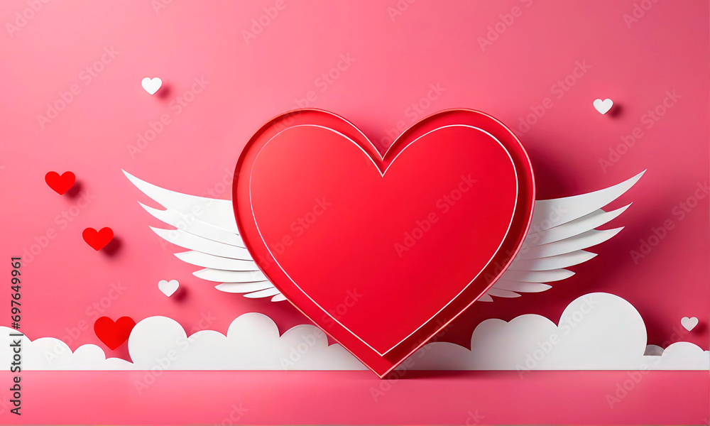 Valentines day greeting card in paper art and craft style. Red heart with white wingson on a pink background.