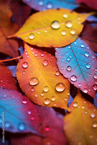 An image capturing the beauty of autumn, colorful leaves, creating a glistening and ethereal atmosphere, macro shot created with Generative Ai © Andrii Yablonskyi