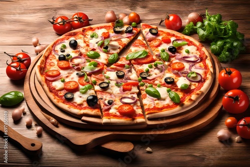 Delicious pizza served on wooden plate isolated on white
