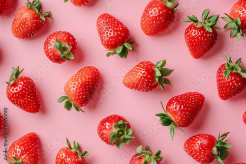 Strawberry pattern on bright pink background. Minimal design, view from above.