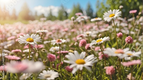 a field full of white and pink flowers 