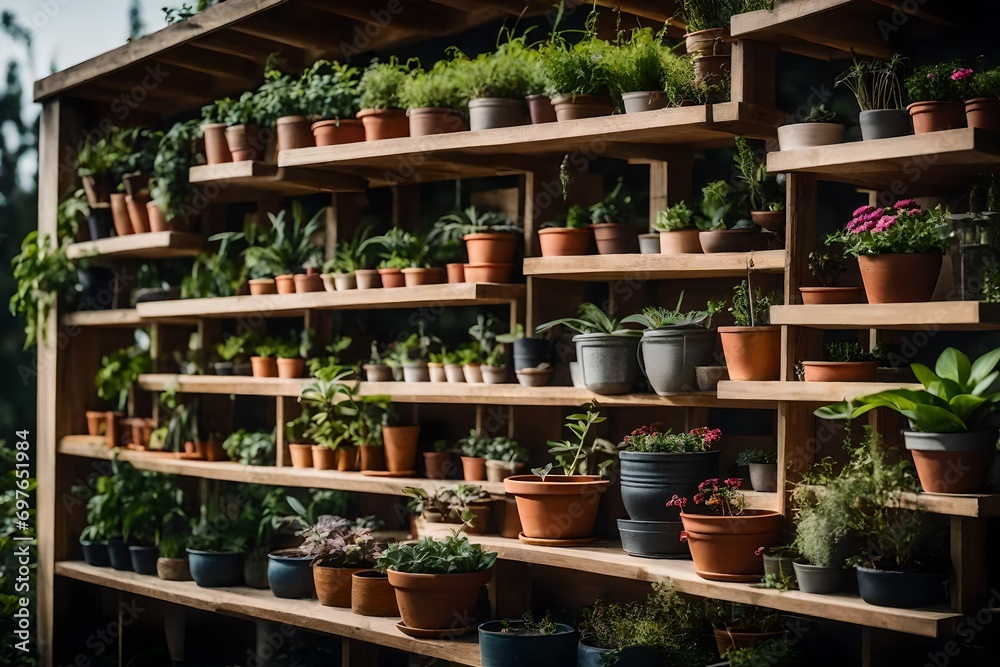 A brief view of an outdoor shelf unit stocked with a variety of potted plants