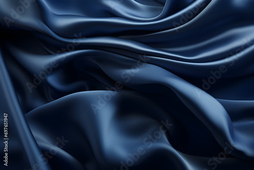 A background of dark blue satin fabric with soft wavy folds resembling liquid waves, photo