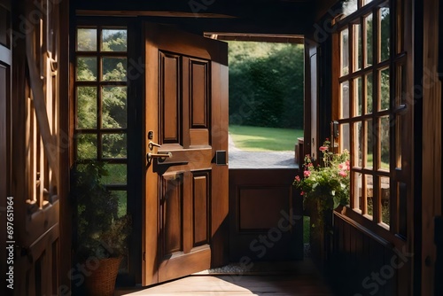A country cottage with an open door