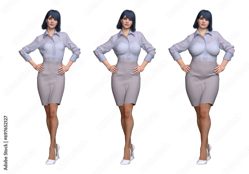 Obraz premium 3D Render : front view of standing female body type illustration : ectomorph (skinny type), mesomorph (muscular type), endomorph(heavy weight type)