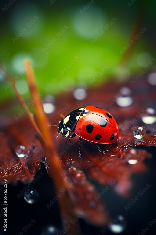 Fototapeta premium ladybug with bokeh, photographed autumn scene created with Generative Ai