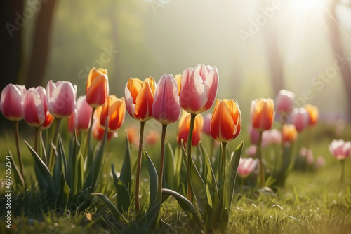fantasy tulip spring flowers in the grass, blooming in a garden with a landscape meadow, natural spring background. Spring festive flower arrangement from a fresh colorful background. sunshine on marc