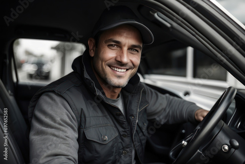 In the image of a courier, a man is driving a car. A transport company with an experienced driver delivers the goods. Young businessman Delivery man, driver © Roman