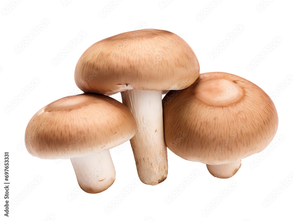 Three Brown Champignons, isolated on a transparent or white background