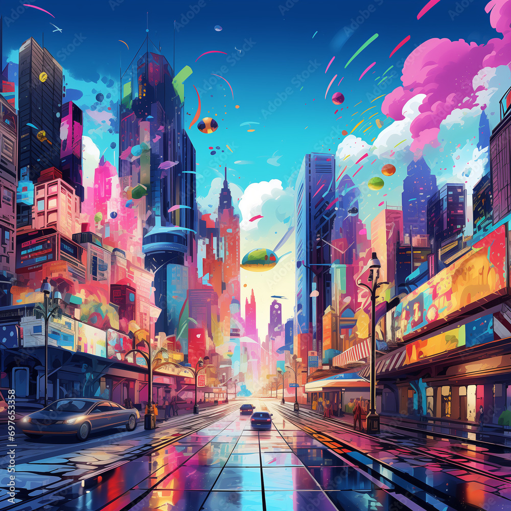 Splash Art Style Cityscape: Vibrant Colors and Dynamic Brush Strokes Illustration