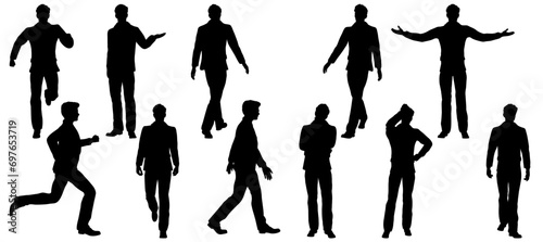 collection of different silhouette male body posing with business working suit  isolated vector