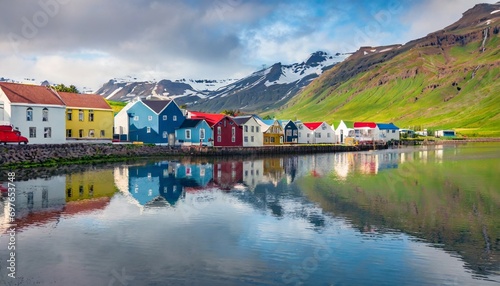 colorful building of small fishing town seydisfjordur reflected in the calm waters of north atlantic ocean beautiful summer scene of east west iceland europe traveling concept background photo