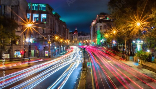 city street at night with colorful long exposure lights © Ashley