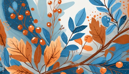 abstract autumn foliage banner background branch twigs and berries blue orange color generative ai