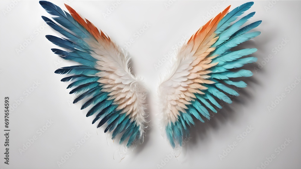 Pair of beautiful white angel wings isolated background, realistic vector illustration. Spirituality and freedom concept - obrazy, fototapety, plakaty 