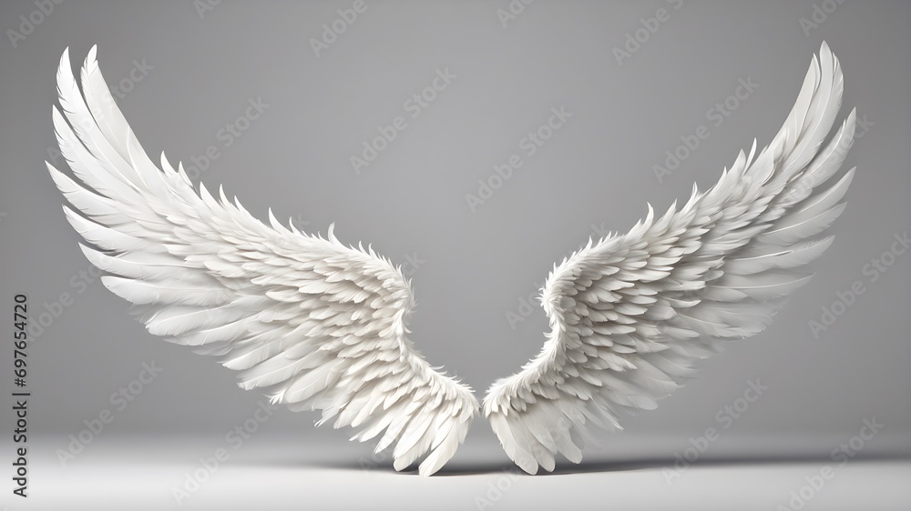 Fototapeta premium Pair of beautiful white angel wings isolated background, realistic vector illustration. Spirituality and freedom concept