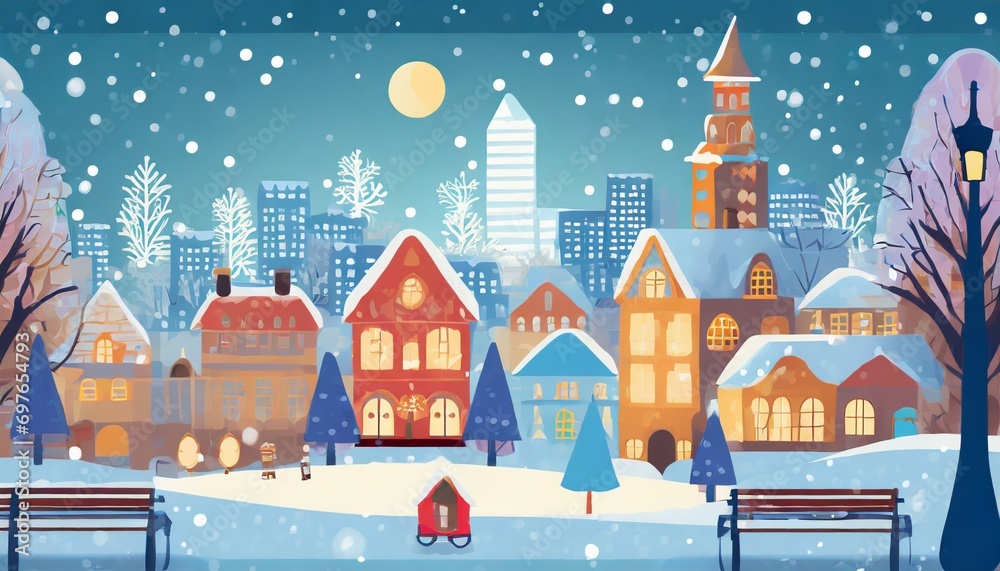 cute childhood style illustration of winter town cityscape generative ai