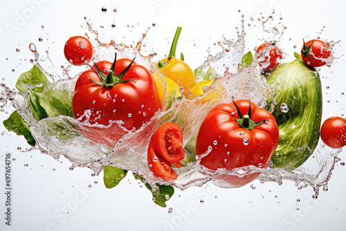 fresh broccoli, peppers, cucumbers, tomatoes and greens in water droplets on a white background