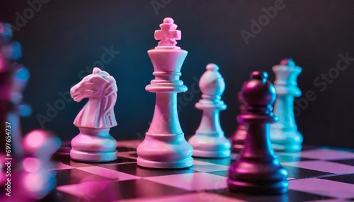 chess pieces on a chessboard on a dark background shot in neon pink blue colors the figure of a chess close up