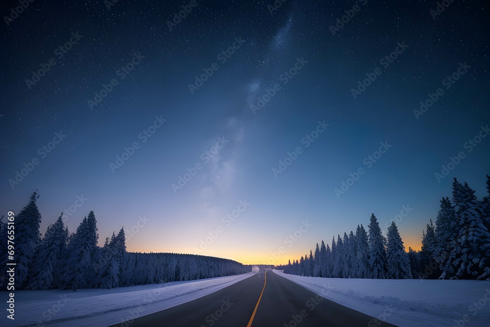 冬の夕焼け、雪に覆われた道の上に浮かぶ星と天の川、道の横には雪を冠った針葉樹の森が広がる風景